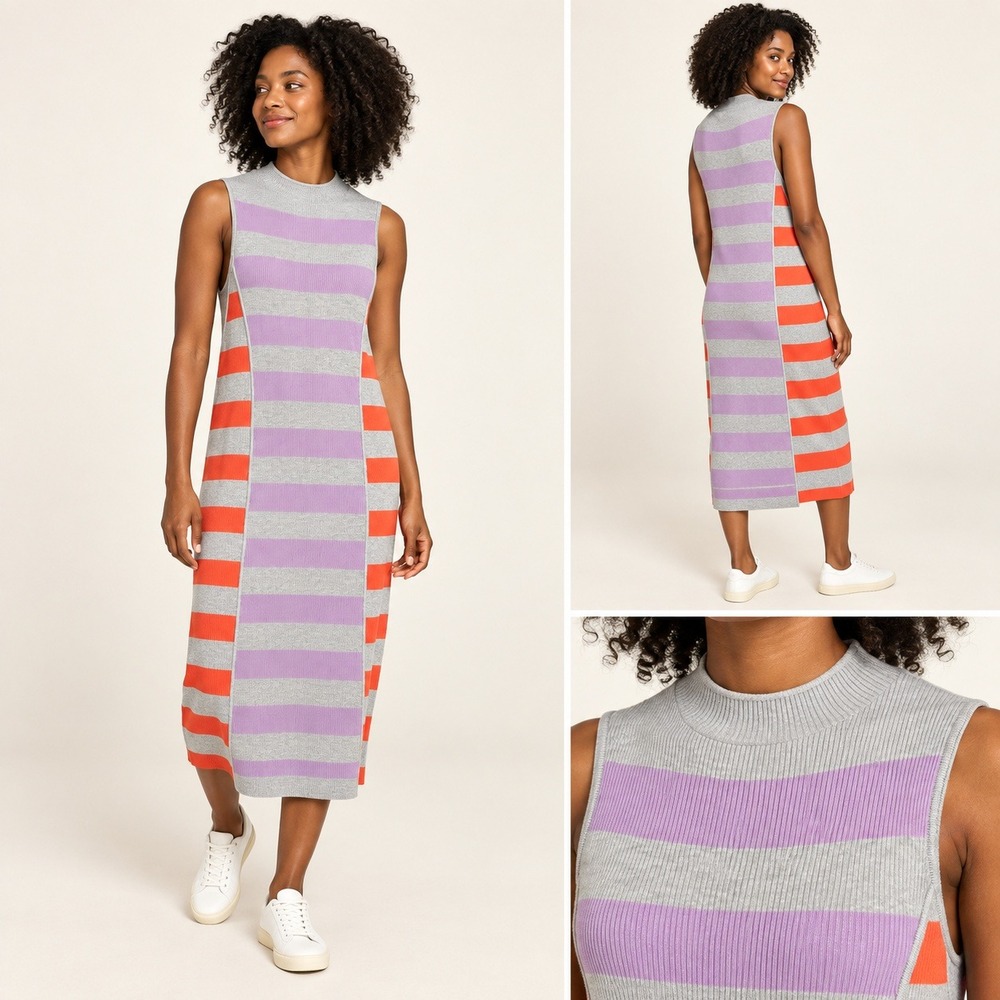 Daily Practice Anthropologie XL Striped Ribbed Mock Neck Tank Midi Dress Orange